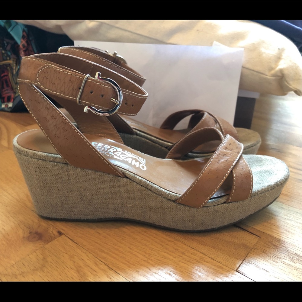 Salvatore Ferragamo Tan Leather & Linen Wedges